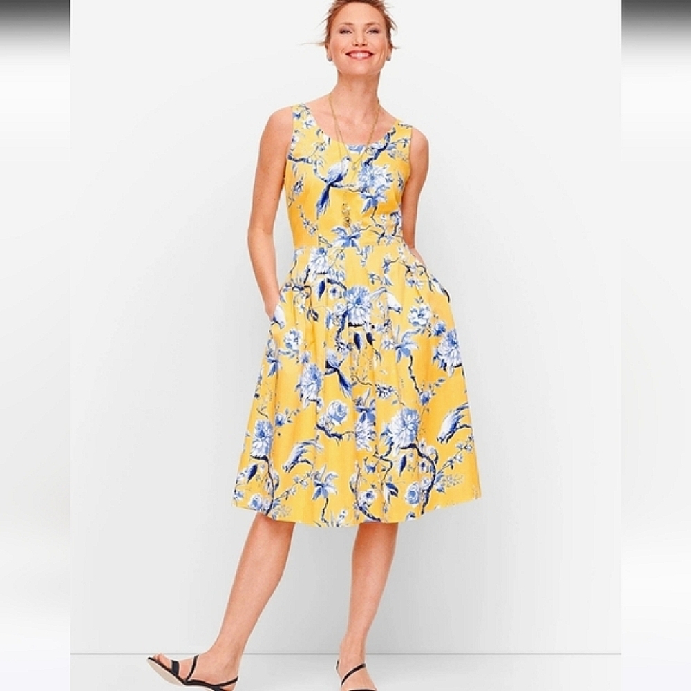 Talbots China Blue on Yellow Toile Print Sleeveless Fit & Flare Dress w/ Pockets